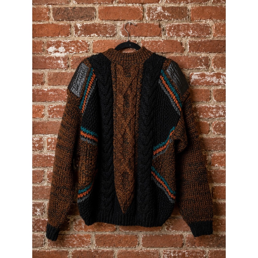 Vintage Cable Knit Sweater Mens Large Leather Patch 90s Retro Fall Indie